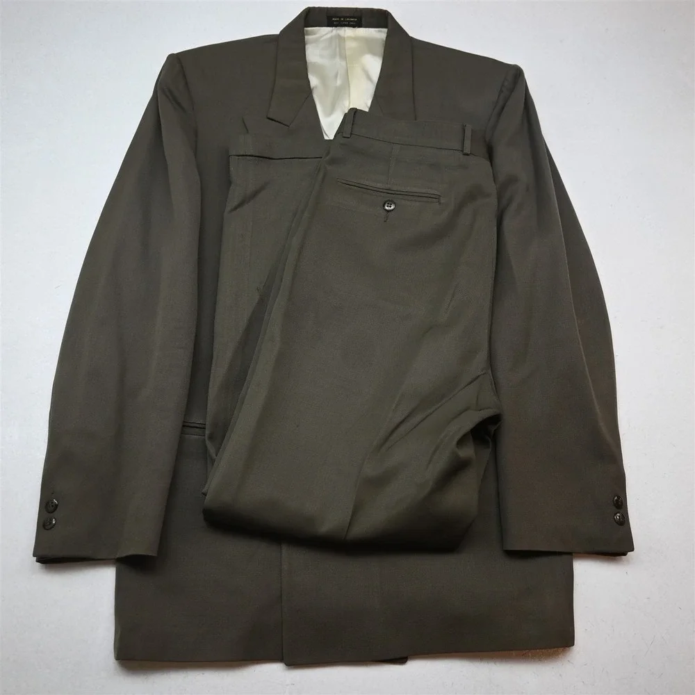 Vtg Oscar de la Renta Double Breasted 42R 32x30 Tan Brown Wool Jacket Pants Suit